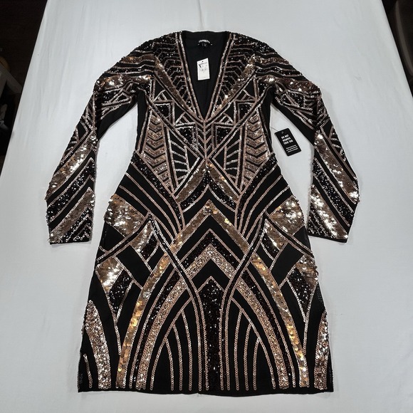 Express Dresses & Skirts - NEW EXPRESS Black Gold Sequin Geometric Bodycon Dress S Glam Holiday Party $118